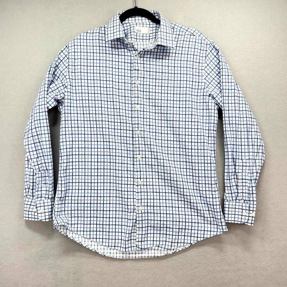 Nordstrom Rack‎ Dress Shirt Mens 16.5 Blue White Plaid Formal Trim Fit Oxford